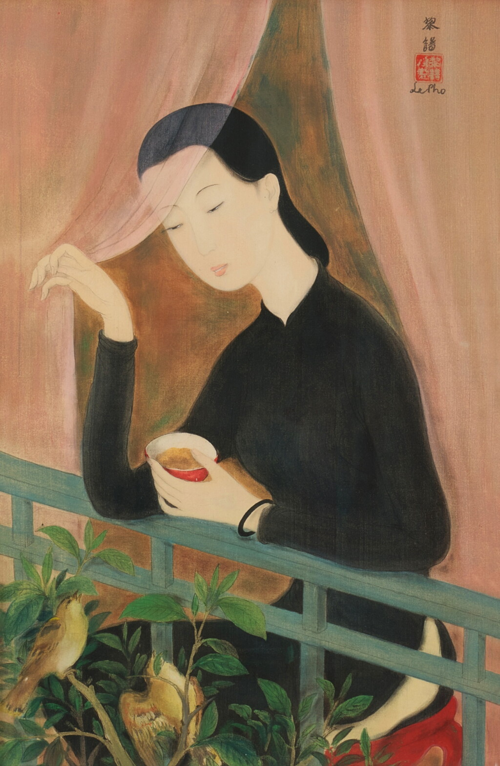 View full screen - View 1 of Lot 228. Le Pho 黎譜 | Jeune fille aux oiseaux 少女與鳥.