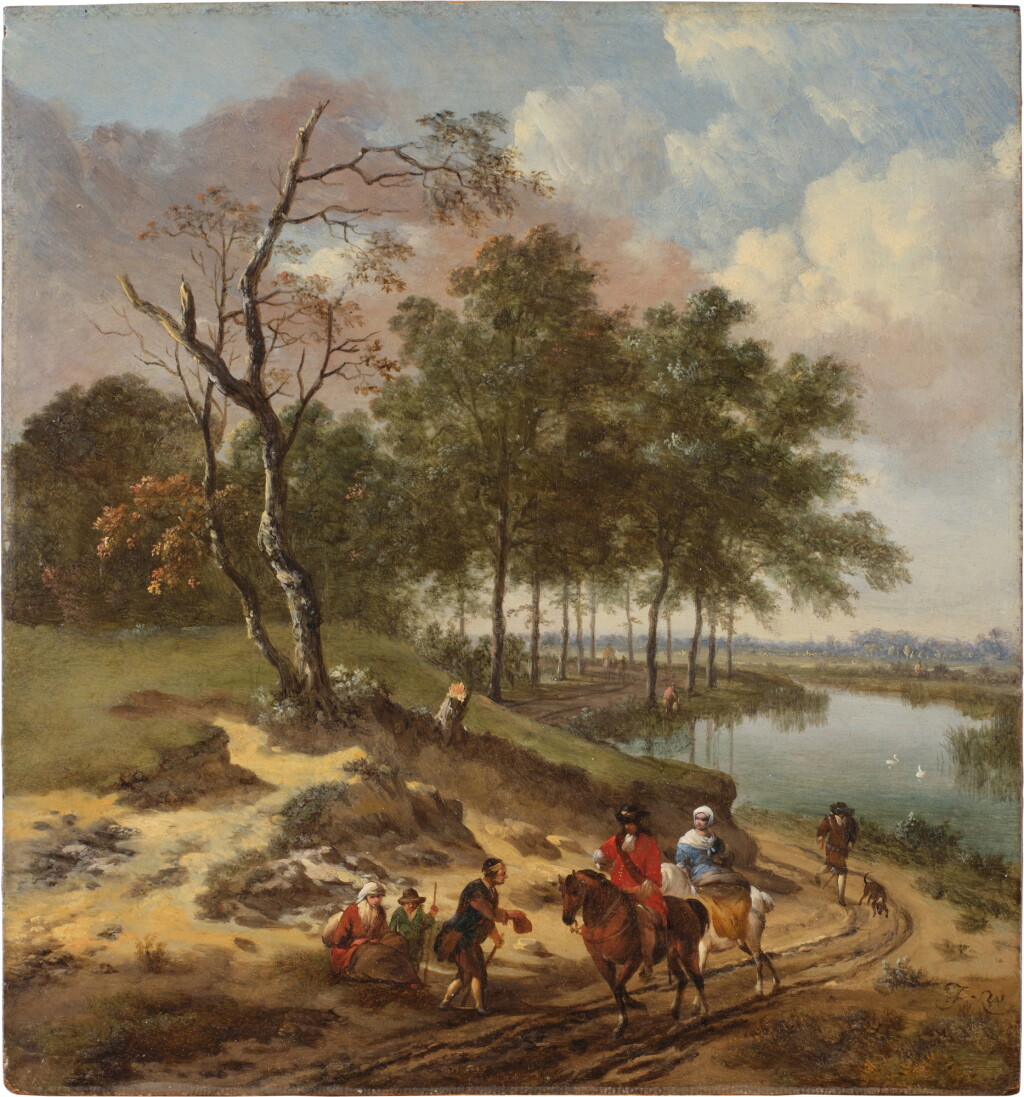 View full screen - View 1 of Lot 315. River Landscape with Elegant Travelers and a Peasant Family.
