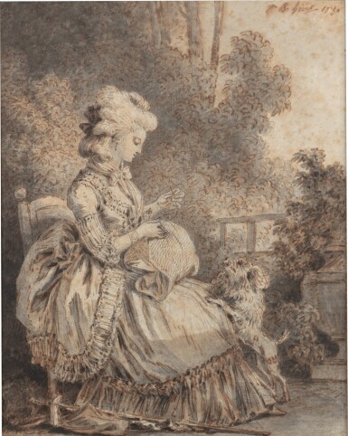 View full screen - View 1 of Lot 118. A) An elegant lady in a garden with her dog, seated in profile, embroidering. B) An elegant lady in an interior with her cat, seated in profile, holding a cup | A) Une élégante et son chien dans son jardin, assise de profil, brodant B) Une élégante avec son chat, assise de profil.