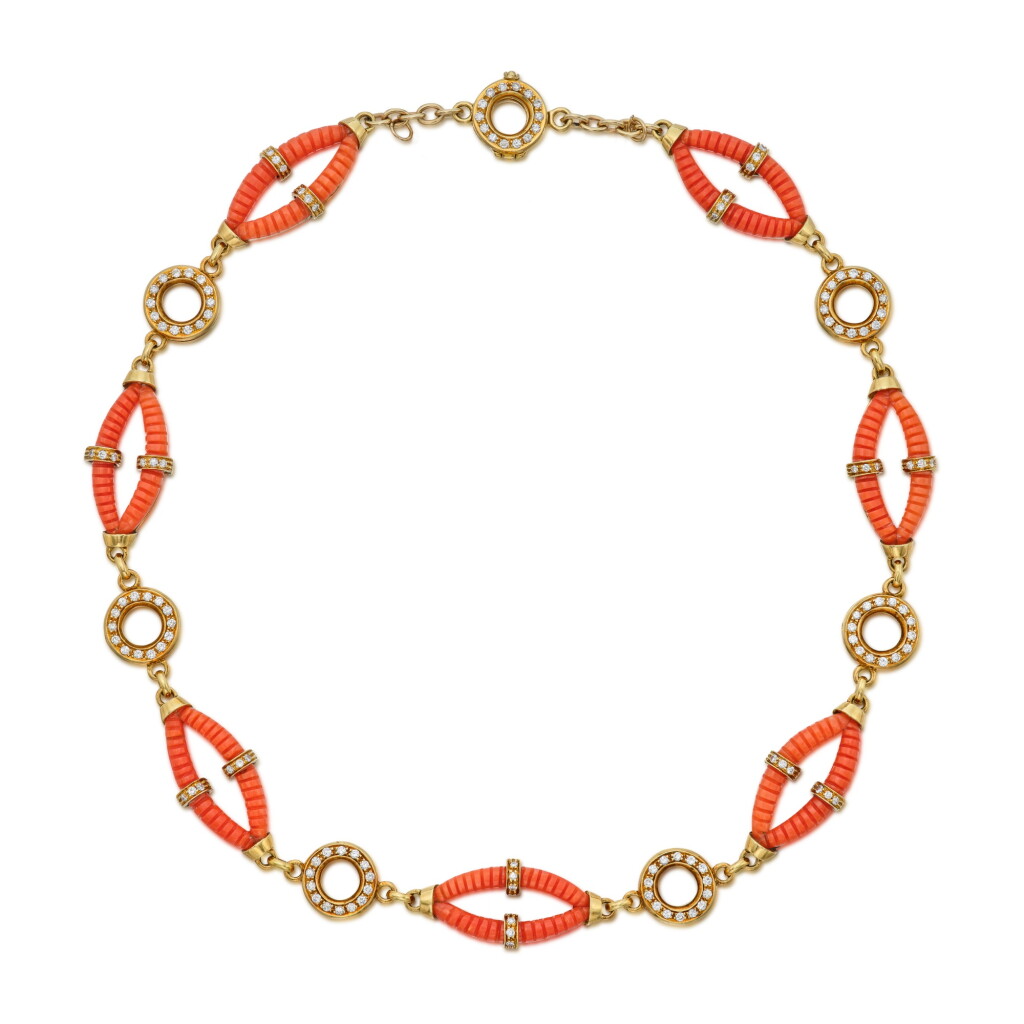 View full screen - View 1 of Lot 156. Coral and Diamond Necklace.
