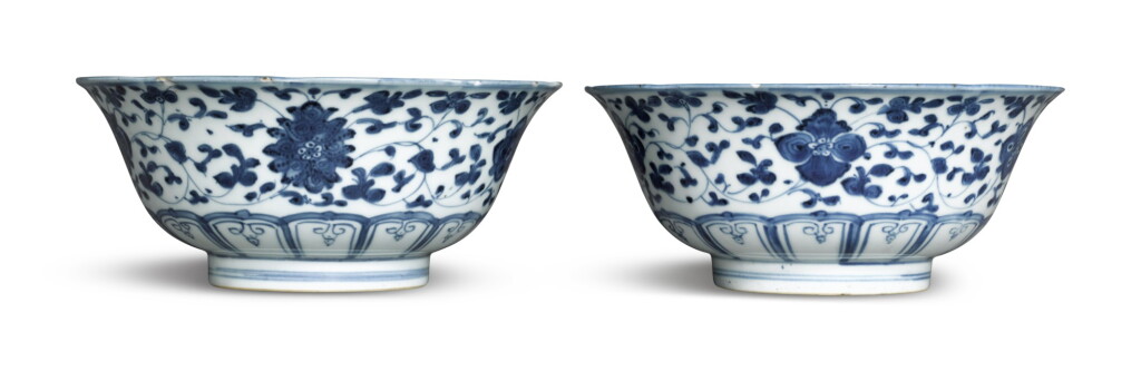 View full screen - View 1 of Lot 35. A pair of blue and white 'floral' bowls.