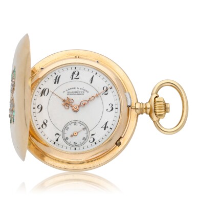View full screen - View 1 of Lot 169. A. Lange & Söhne, Glashütte/Dresden No. 47572 A lady's gold hunting cased keyless lever watch with diamond and emerald-set four-leaf clover Circa 1900.