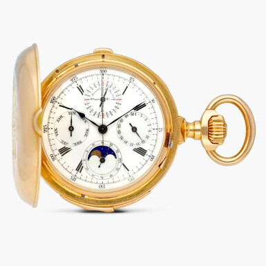 View full screen - View 1 of Lot 2317. A pink gold minute repeating perpetual calendar chronograph hunting case keyless lever watch, with moon phases and enamel dial, Circa 1895.