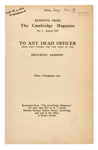 View full screen - View 1 of Lot 380. Siegfried Sassoon | To Any Dead Officer..., Cambridge, 1917, first separate edition, signed presentation copy.