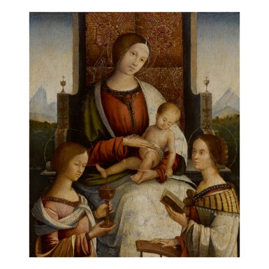 View full screen - View 1 of Lot 1. Sold Without Reserve | BERNARDINO DI BOSIO ZAGANELLI, CALLED BERNARDINO DA COTIGNOLA | MADONNA AND CHILD ENTHRONED WITH SAINTS MARY MAGDALENE AND CATHERINE OF ALEXANDRIA BEFORE A LEDGE, A LANDSCAPE B....