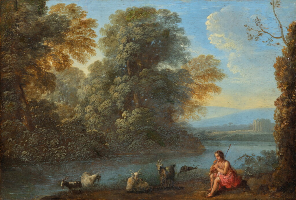 View full screen - View 1 of Lot 56. Italianate landscape with a young shepherd playing a pipe.