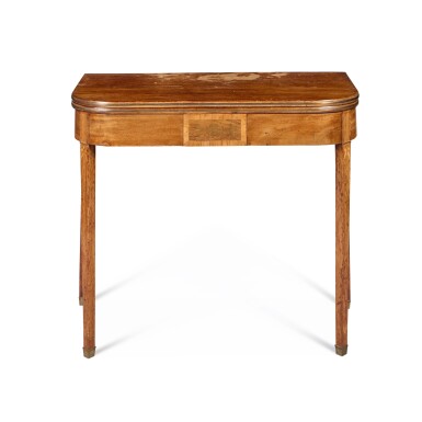View full screen - View 1 of Lot 105. A Regency Brass and Boxwood Inlaid Mahogany and Tulipwood Gateleg Action Tea or Card Table, Circa 1805.