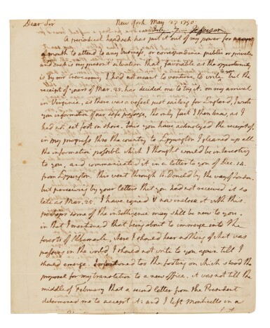 View full screen - View 1 of Lot 505. Jefferson, Thomas | In a widely discursive letter, Jefferson announces that he is joining Washington’s cabinet and expresses great relief at the recovery of the President from a serious illness.