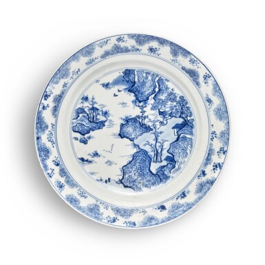 View full screen - View 1 of Lot 331. A blue and white 'Master of the Rocks' dish, Qing dynasty, Kangxi period | 清康熙 青花人物山水圖盤.