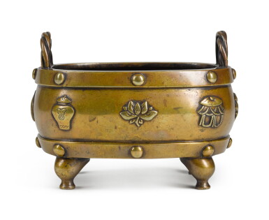 View full screen - View 1 of Lot 25. A RECTANGULAR BRONZE 'BAJIXIANG' CENSER | LATE MING DYNASTY | 晚明 雙繩耳八吉祥紋四方銅爐 .