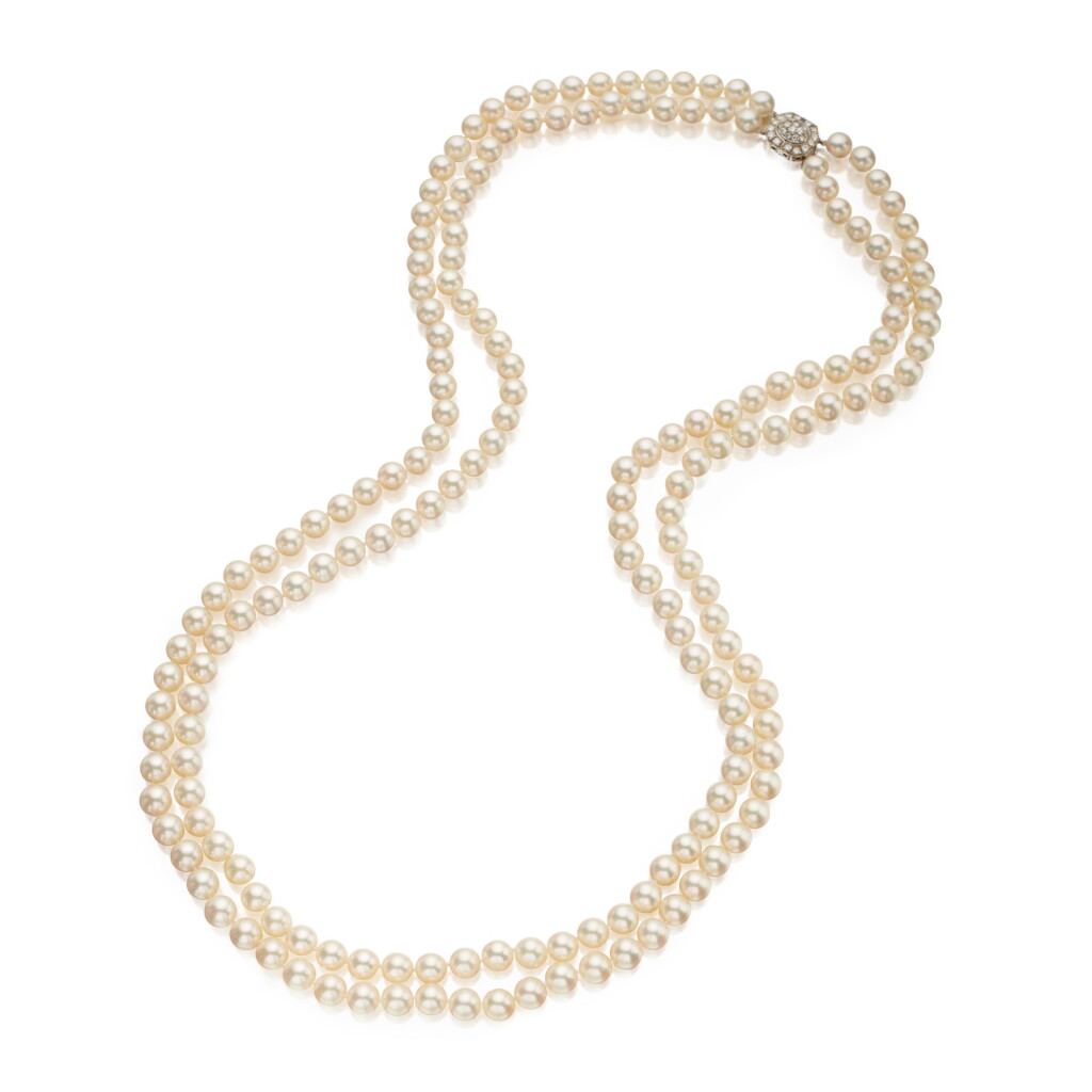 View full screen - View 1 of Lot 328. Tiffany & Co. | Cultured Pearl and Diamond Necklace.