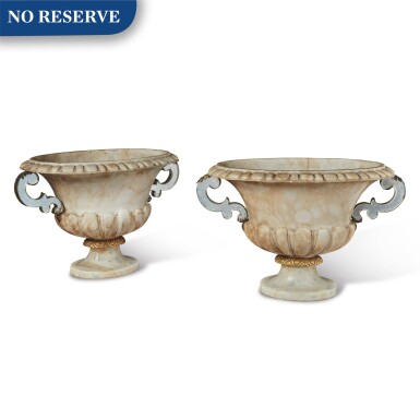 View full screen - View 1 of Lot 253. A Pair of Alabaster Vases With Glass Handles, Now Mounted as Lamps, 20th Century.