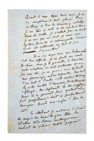 View full screen - View 1 of Lot 41. FLAUBERT. Lettre autographe signée à Théophile Gautier, Jeudi 27 janvier [1859]. Lettre à propos de Salammbo..