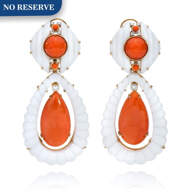 View full screen - View 1 of Lot 38. Pair of Coral, Chalcedony and Diamond Pendant-Earclips.