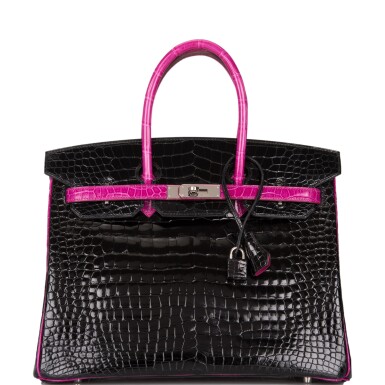 View full screen - View 1 of Lot 42. HERMÈS | HORSESHOE STAMP (HSS) BICOLOR BLACK AND ROSE SHOCKING BIRKIN 35CM OF SHINY POROSUS CROCODILE WITH PALLADIUM HARDWARE.