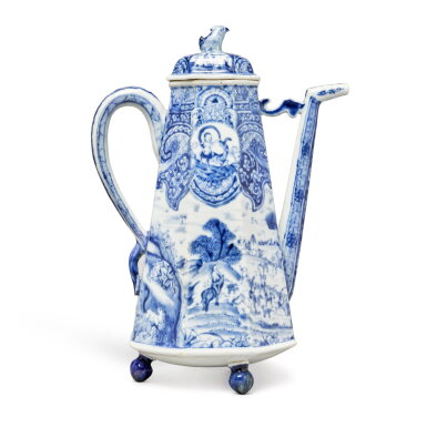 View full screen - View 1 of Lot 165. A Chinese Export Blue and White 'Mythological Subject' Hexagonal Coffee Pot and Cover, Qing Dynasty, Kangxi Period | 清康熙 青花西洋人物故事圖六方執壺.