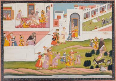 View full screen - View 1 of Lot 191. An illustration to a Ramayana series: King Dasharatha bids farewell to his sons, attributable to Purkhu and his family workshop, North India, Kangra, circa 1800-20.