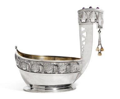 View full screen - View 1 of Lot 97. A large Fabergé gem-set silver kovsh, Moscow, 1908-1917.