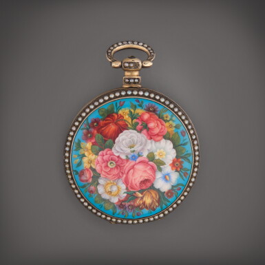 View full screen - View 1 of Lot 478. A gilt metal enamel and pearl set jump seconds watch for the Chinese market Circa 1860.