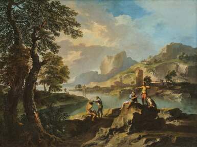 View full screen - View 1 of Lot 39. An Italianate coastal landscape with figures resting by the foreground, a town in the distance.