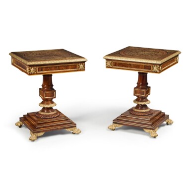 View full screen - View 1 of Lot 189. A Pair of Regency Gilt Bronze Mounted and Brass-Inlaid Indian Rosewood Occassional Tables, Circa 1815.