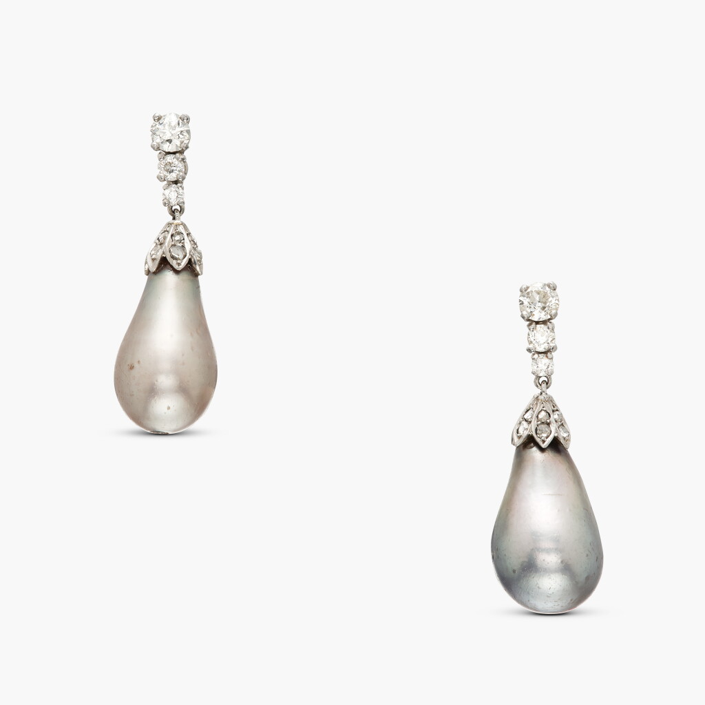 View full screen - View 1 of Lot 305. Pair of Natural Pearl and Diamond Pendant-Earrings.