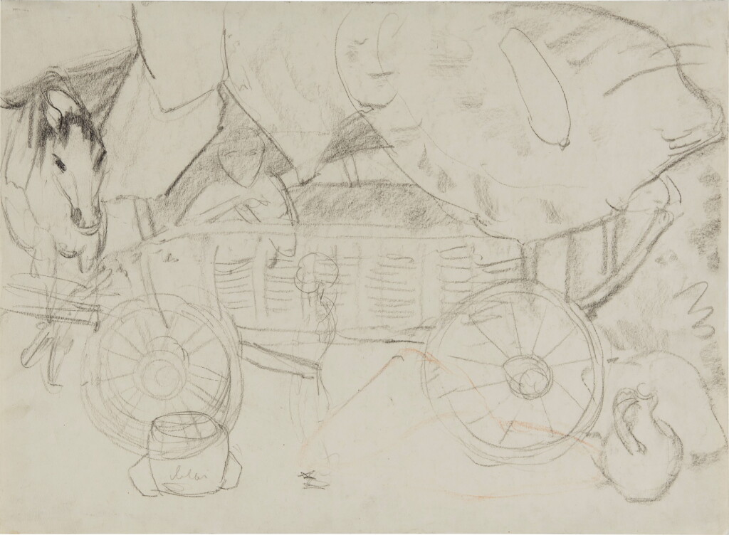 View full screen - View 1 of Lot 56. Planwagen mit Pferd und Zigeunerin (Covered Cart with Horse and Gypsy Woman) .