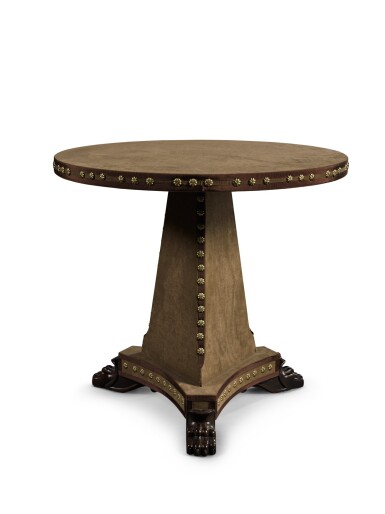 View full screen - View 1 of Lot 87. A REGENCY-STYLE BROWN-VELVET UPHOLSTERED CENTRE TABLE, MODERN.