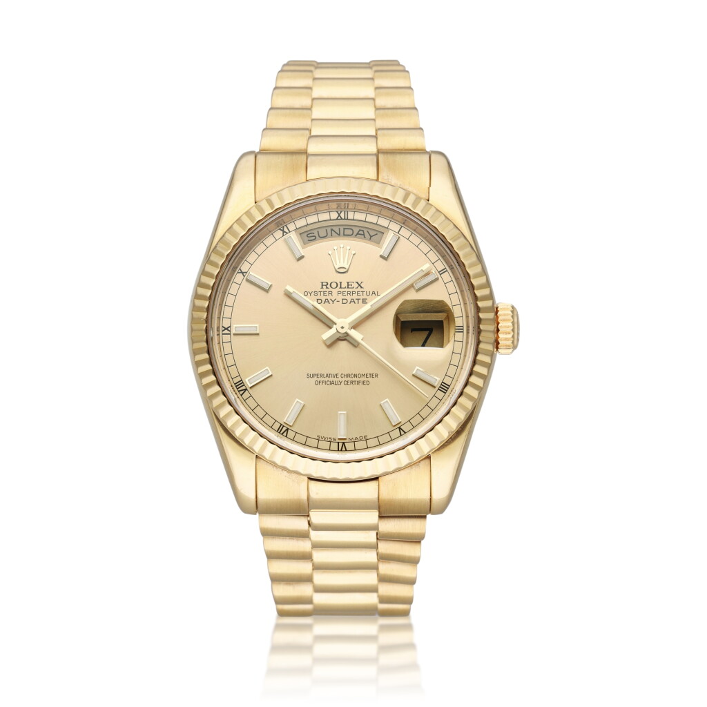 View full screen - View 1 of Lot 29. Reference 118238 Day-Date | A yellow gold automatic wristwatch with day, date, and bracelet, Circa 2010.