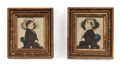 View full screen - View 1 of Lot 5. Pair of Miniature Portraits: Dark-Haired Gentleman and a Lady wearing a White Lace Cap.