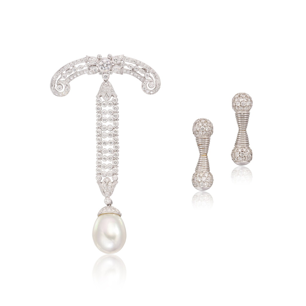 View full screen - View 1 of Lot 1615. Cultured Pearl and Diamond Brooch and Pair of Diamond Earrings | 養殖珍珠 配 鑽石 胸針 及 鑽石 耳環一對.