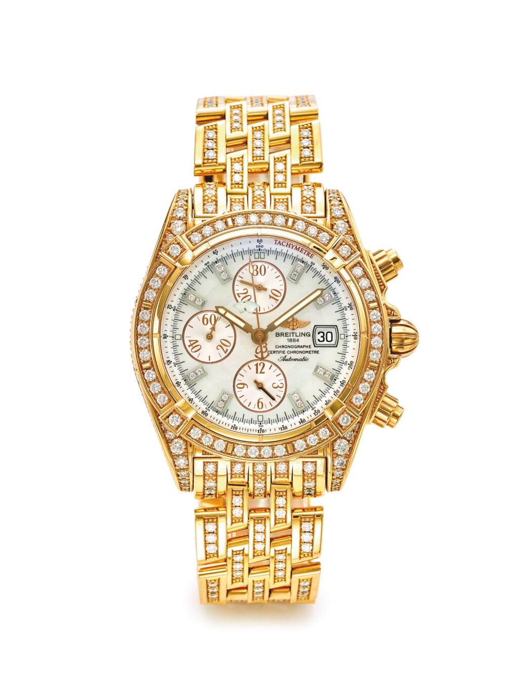 View full screen - View 1 of Lot 93. BREITLING | REF H1335673 CHRONOMAT EVOLUTION, A LIMITED EDITION PINK GOLD AND DIAMOND SET AUTOMATIC CHRONOGRAPH WRISTWATCH WITH DATE BRACELET AND MOTHER OF PEARL DIAL CIRCA 2008.