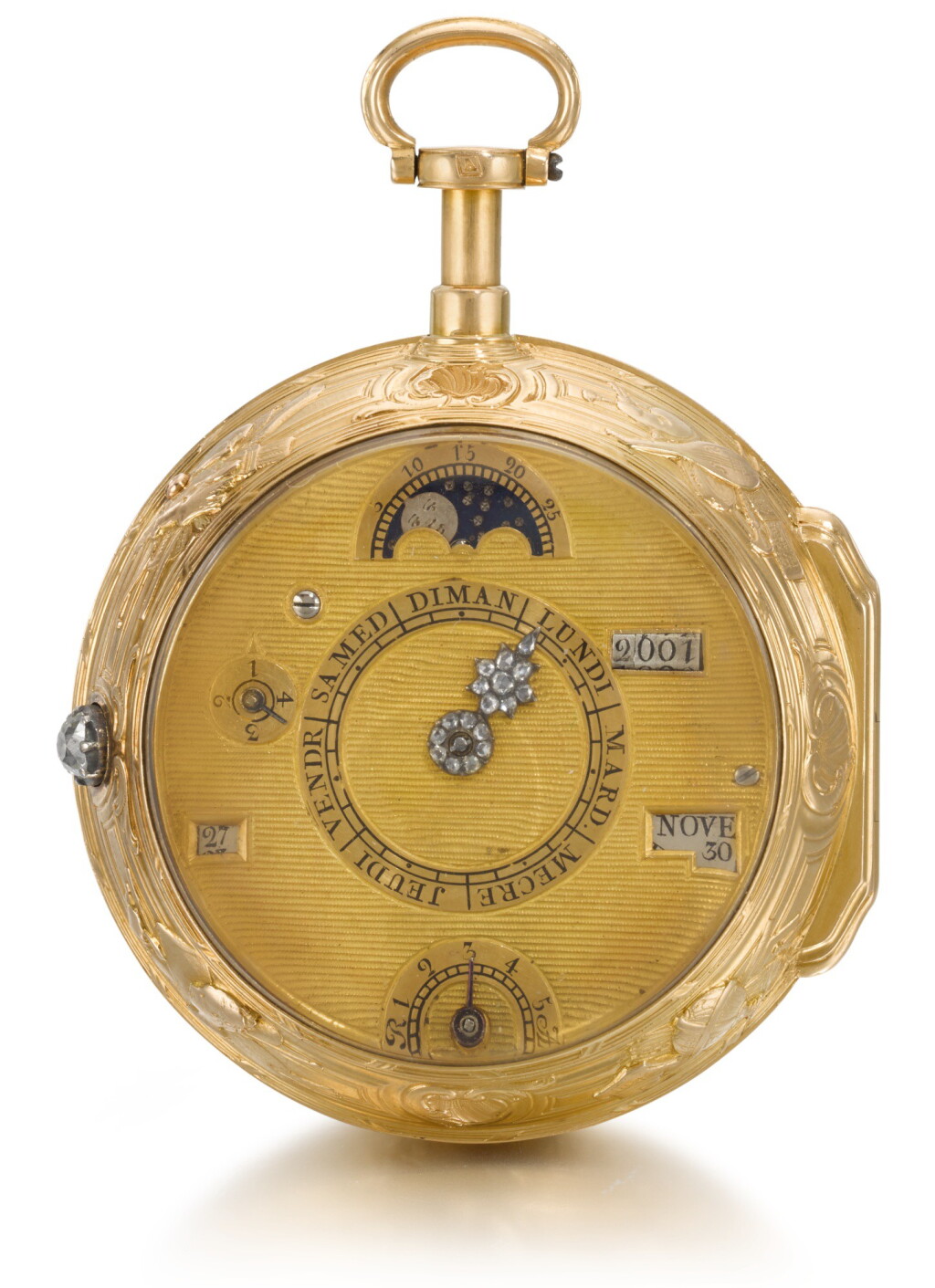View full screen - View 1 of Lot 12. TAVERNIER À PARIS | A RARE GOLD DOUBLE DIALLED CALENDAR WATCH WITH MOON PHASES AND MANUAL YEAR MEMENTO DIAL, DUMB QUARTER REPEATING AND À TOC CIRCA 1760.