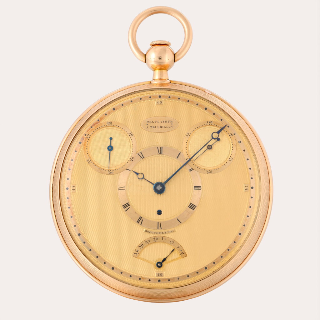 View full screen - View 1 of Lot 9. An important 18ct gold four-minute tourbillon watch with échappement naturel, state-of-wind indication, subsidiary seconds and piston activated observation seconds.