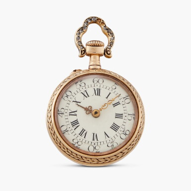 View full screen - View 1 of Lot 430. No. 1573 | A miniature pink gold and diamond-set open-faced keyless watch, Sold to Mr. Süssfeld on September 14, 1893 .