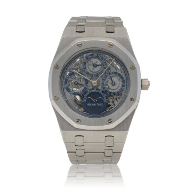 View full screen - View 1 of Lot 125. Royal Oak Perpetual Calendar, Ref. 25636PT.OO.0344PT.01 Platinum skeletonized perpetual calendar wristwatch with moon phases and bracelet Circa 1996 | 愛彼 | 25636PT.OO.0344PT.01型號「Royal Oak Perpetual Calendar」鉑金鏤空萬年曆鍊帶腕錶備月相顯示,年份約1996.