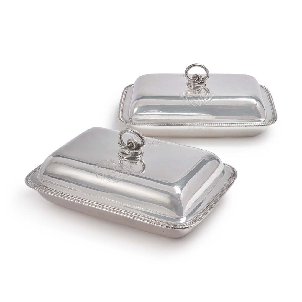 View full screen - View 1 of Lot 591. A PAIR OF GEORGE III SILVER ENTRÉE DISHES AND COVERS, PAUL STORR, LONDON, 1808.