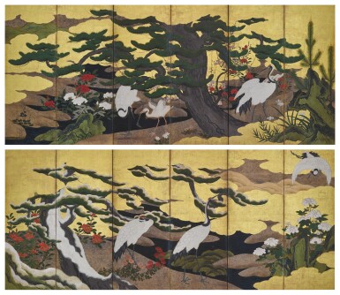 Attributed to the Kano school, Cranes among pine, Edo period, 17th century | 狩野派 松に鶴図屏風 江戸時代初期 17世紀
