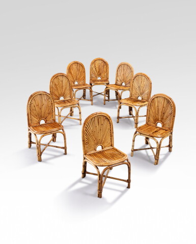 View full screen - View 1 of Lot 127. Ensemble de huit de chaises, série Rising Sun.
