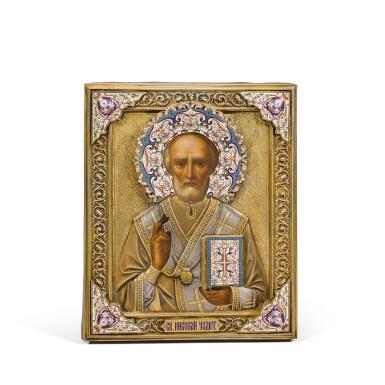 View full screen - View 1 of Lot 322. A parcel-gilt cloisonné and champlevé enamel icon of St Nicholas the Wonderworker, Ivan Alexeevich Alexeev, Moscow, 1899-1908.