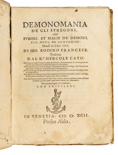 View full screen - View 1 of Lot 52. Bodin, Demonomania, Venice, Aldus, 1592, carta rustica.