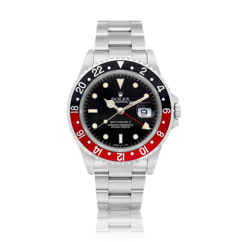 View full screen - View 1 of Lot 8237. GMT-Master II, Reference 16710 | A stainless steel dual time zone wristwatch with date and bracelet, Circa 1996 勞力士 | GMT-Master II 型號16710 | 精鋼兩地時間鏈帶腕錶,備日期顯示,約1996年製.