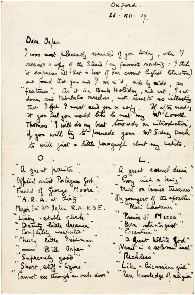 View full screen - View 1 of Lot 95. LAWRENCE | Autograph letter signed, to Sir William Orpen, 26 December 1919.