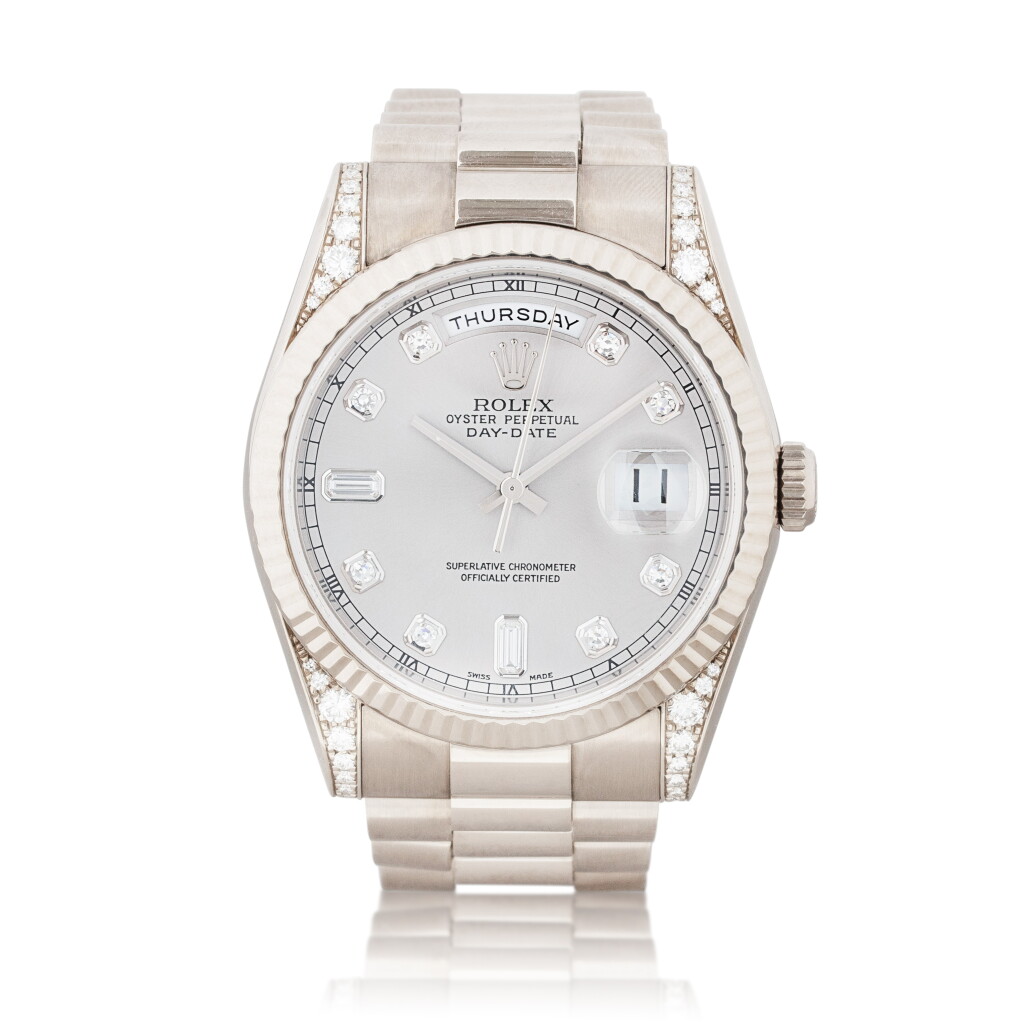 View full screen - View 1 of Lot 1013. Day-Date, Ref. 118339 Montre bracelet en or gris et sertie de diamants avec jour, date et bracelet | White gold and diamond-set wristwatch with day, date and bracelet Vers 2001 | Circa 2001.