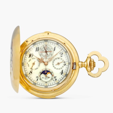 View full screen - View 1 of Lot 2436. A yellow gold and enamel minute repeating perpetual calendar chronograph hunting case keyless lever watch with moon phases and tinted enamel dial, Circa 1905.
