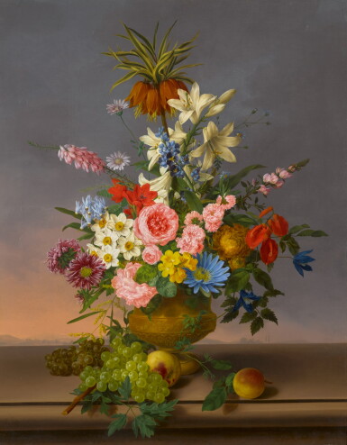 View full screen - View 1 of Lot 548. Still life of flowers and fruit in an urn resting on a stone ledge, a landscape beyond.