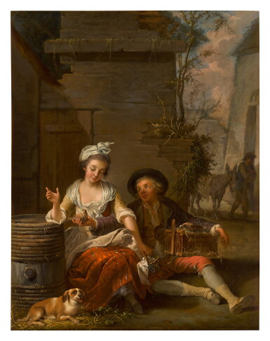 View full screen - View 1 of Lot 562. Amorous couple with a dog and caged doves.