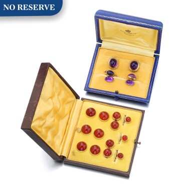 View full screen - View 1 of Lot 1147. Carnelian gentleman's dress set, a pair of amethyst ear clips and three buttons.