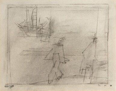 View full screen - View 1 of Lot 41. Three Figures on the Shore, Sailing Ship and Boat & Study of Steamer Ship.
