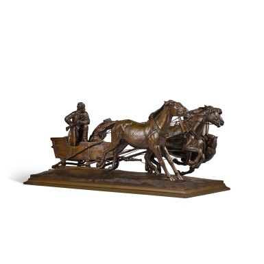 View full screen - View 1 of Lot 388. Wolf Attack on a Winter Troika: a bronze figural sculpture, Albert-Moritz Wolff, cast by Braunlich & Langlotz, late 19th/early 20th century.